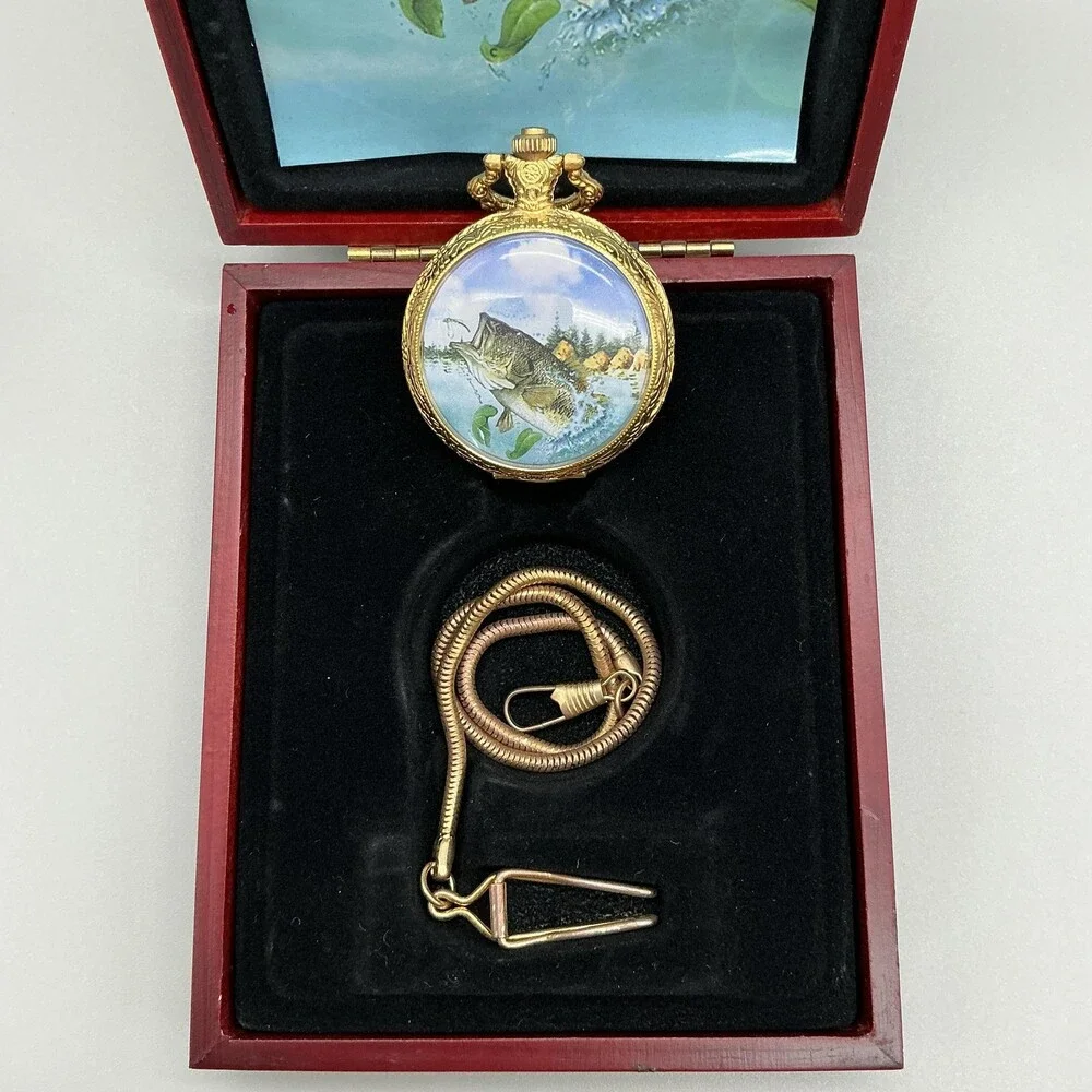 Largemouth Bass Pocket Watch Men 46mm Gold Tone Full Hunter Chain New Battery